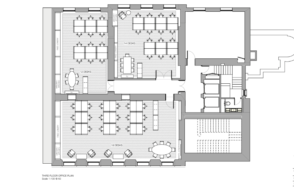Floor plan shows 12, 14 and 18 person private offices - collectively show floor plan for 45 and 50 person private offices