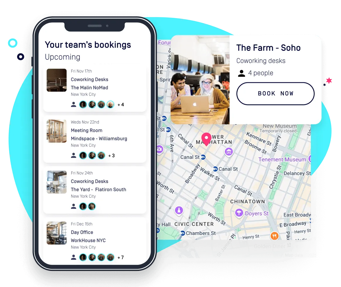 Example from the Hubble app, showing upcoming bookings and available offices in Google maps