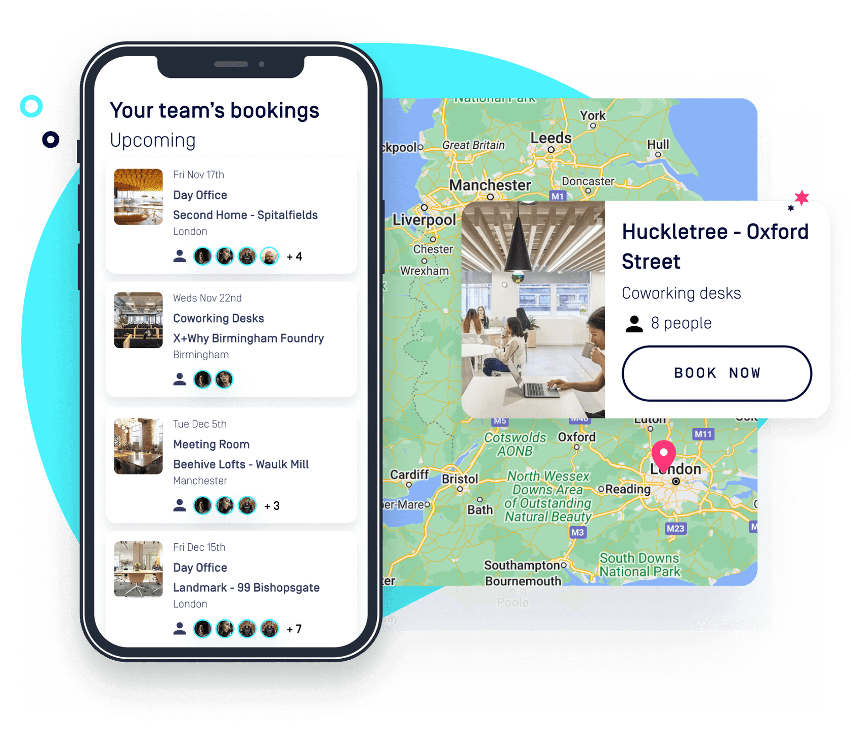 Example from the Hubble app, showing upcoming bookings and available offices in Google maps